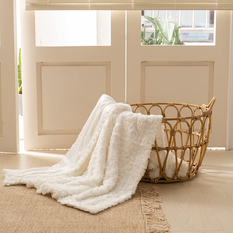 Simple&Opulence Plush Fluffy Throw Blanket Tridimensional Rose Pattern Soft Warm Microfiber Cozy Chic Shaggy Reversible Coverlet for Girls Home DÃ©cor Couch, 50"x 60", White - Image 1